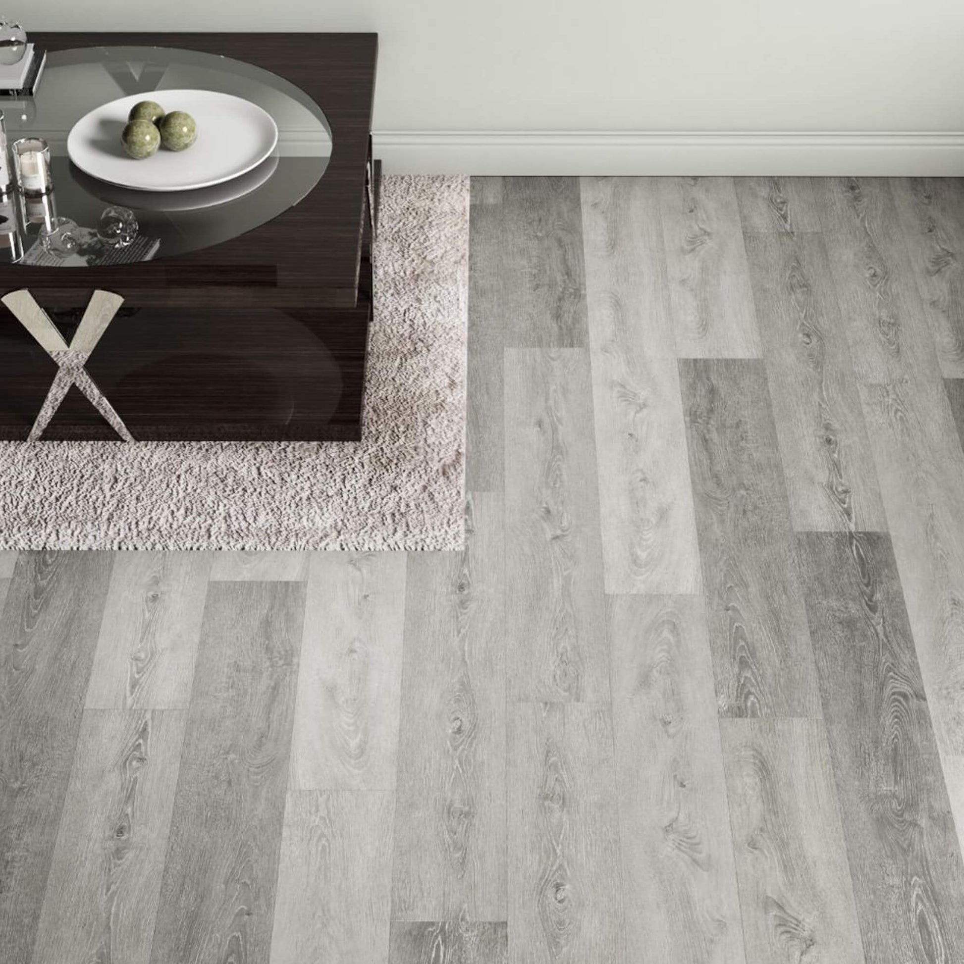 Silver Grey Oak Prestige Laminate Flooring in a living room setting.