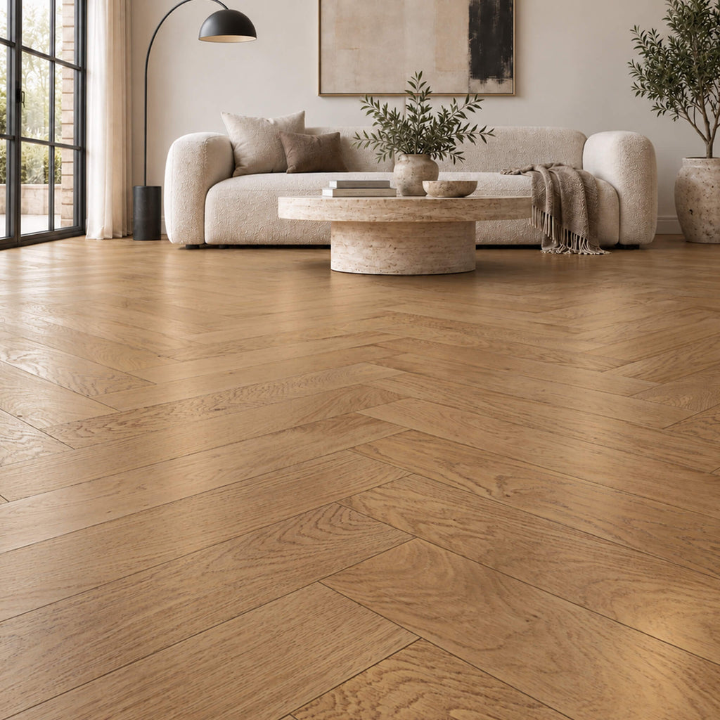 Smoked Oak Herringbone matt lacquered engineered wood flooring in a modern  living room setting.