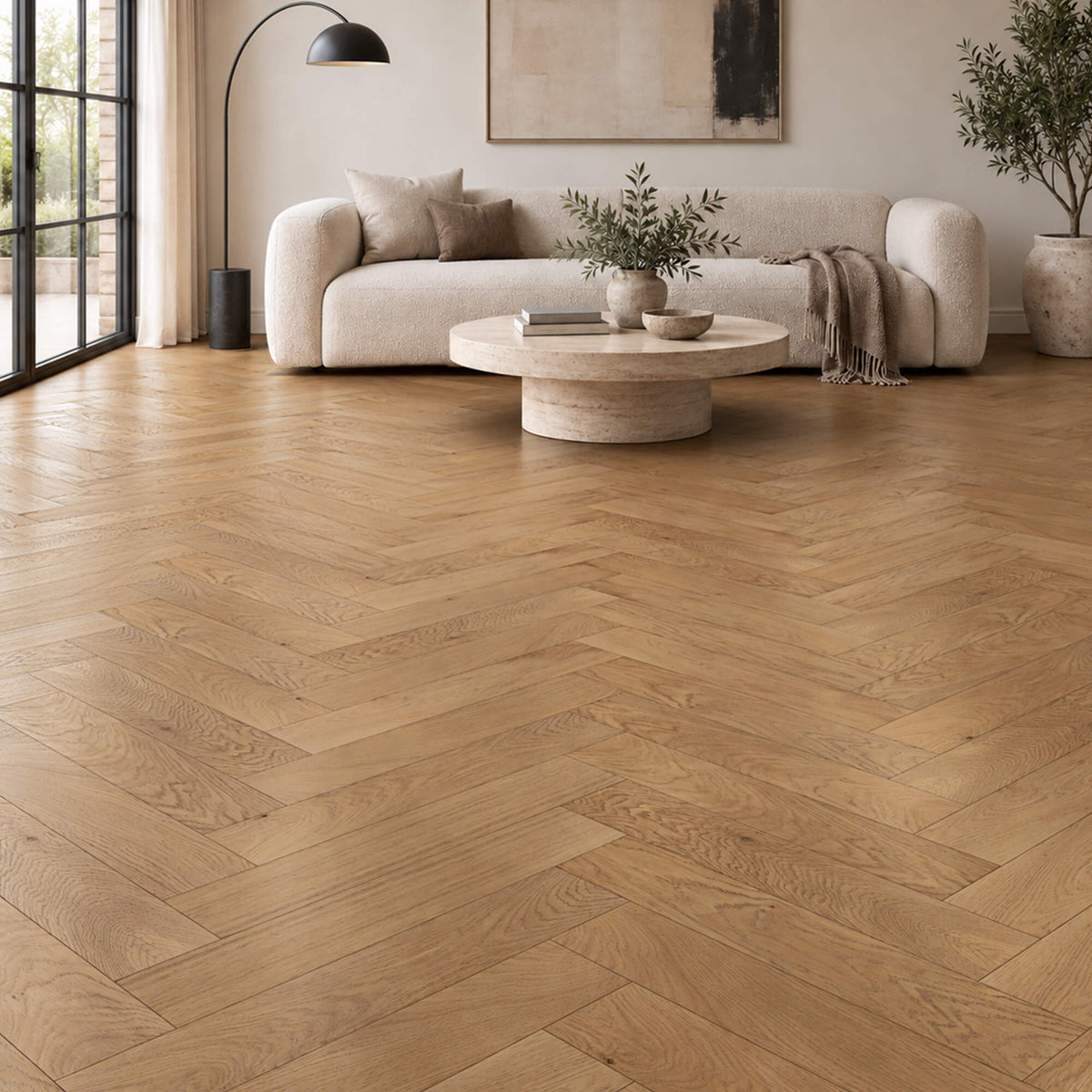 Smoked Oak Herringbone matt lacquered engineered wood flooring in a modern  living room setting.