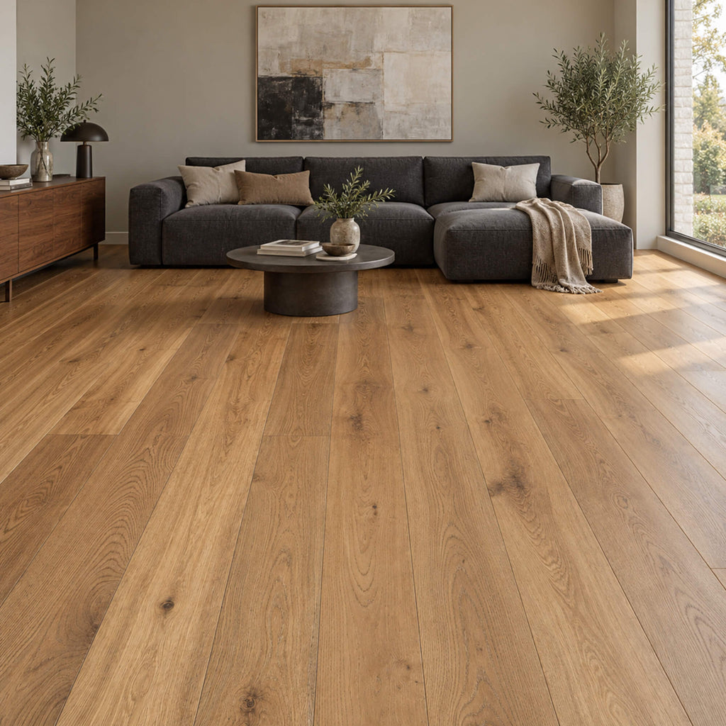 Low view of Smoked Oak matt lacquered engineered wood plank flooring in an interior living room setting.