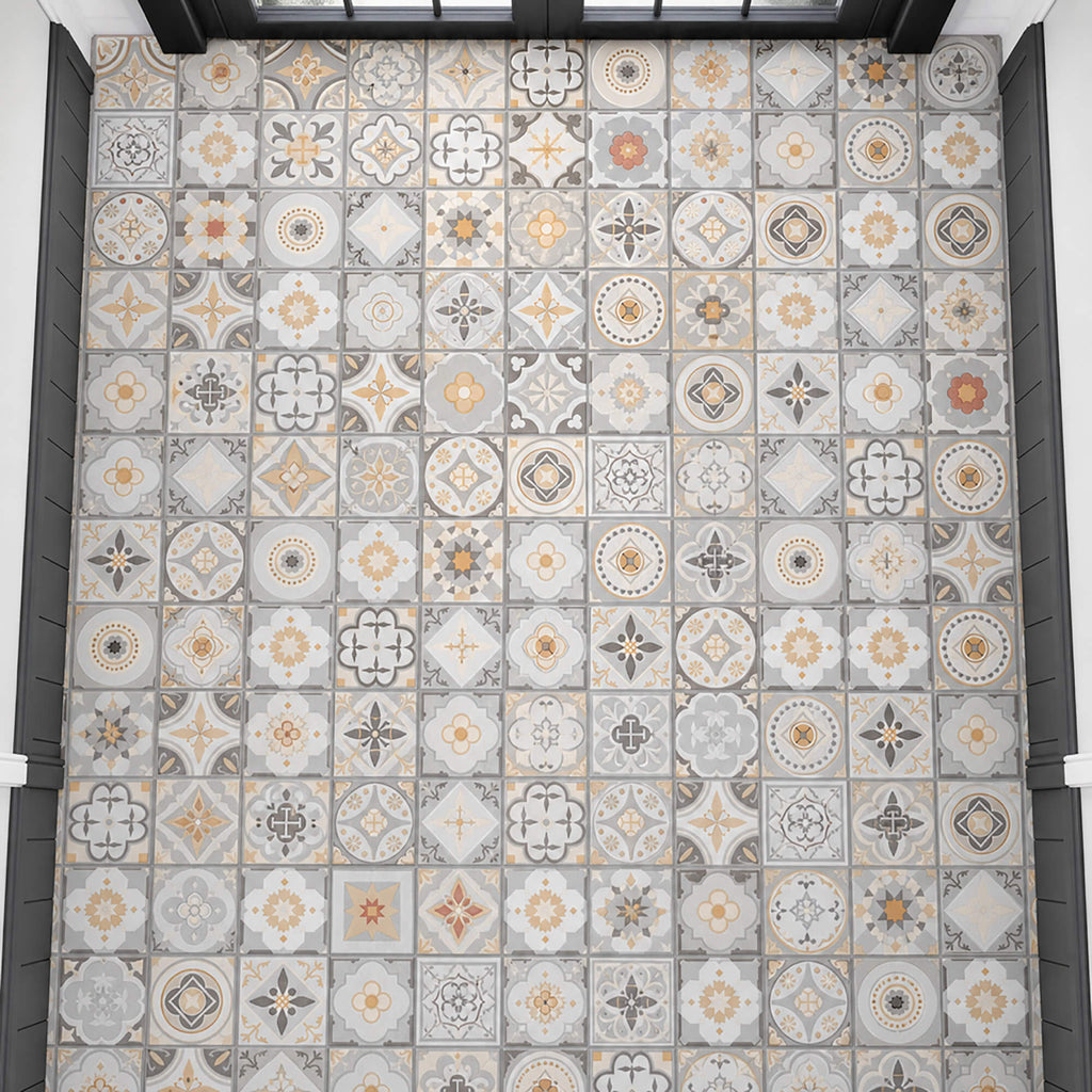 elevated view of Victorianna Rigid LVT Flooring in a hallway setting.