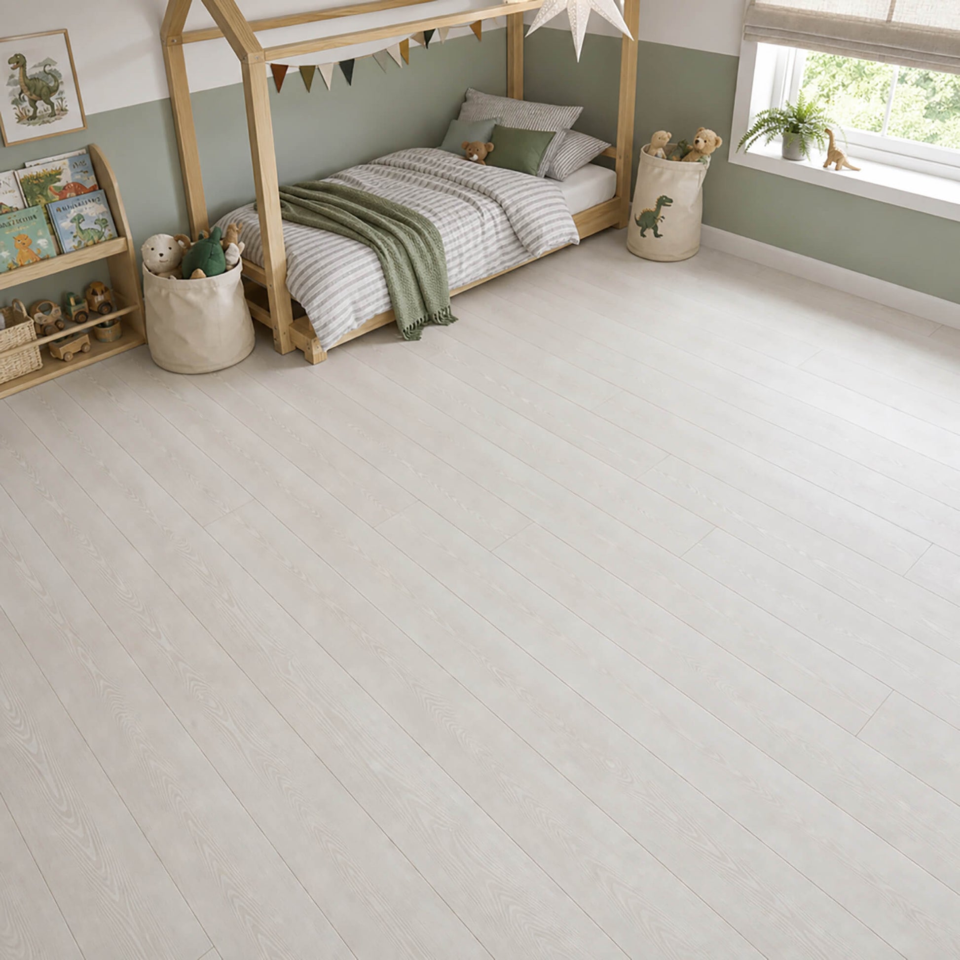 Children's bedroom with a wooden bed, toys, and Virgin Scandi laminate flooring. 