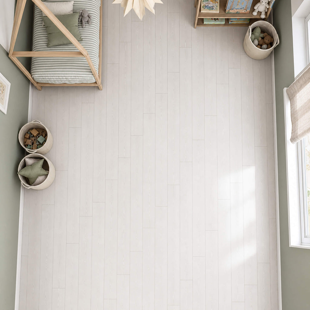Elevated view of Virgin Scandi laminate flooring in a children's bedroom setting.