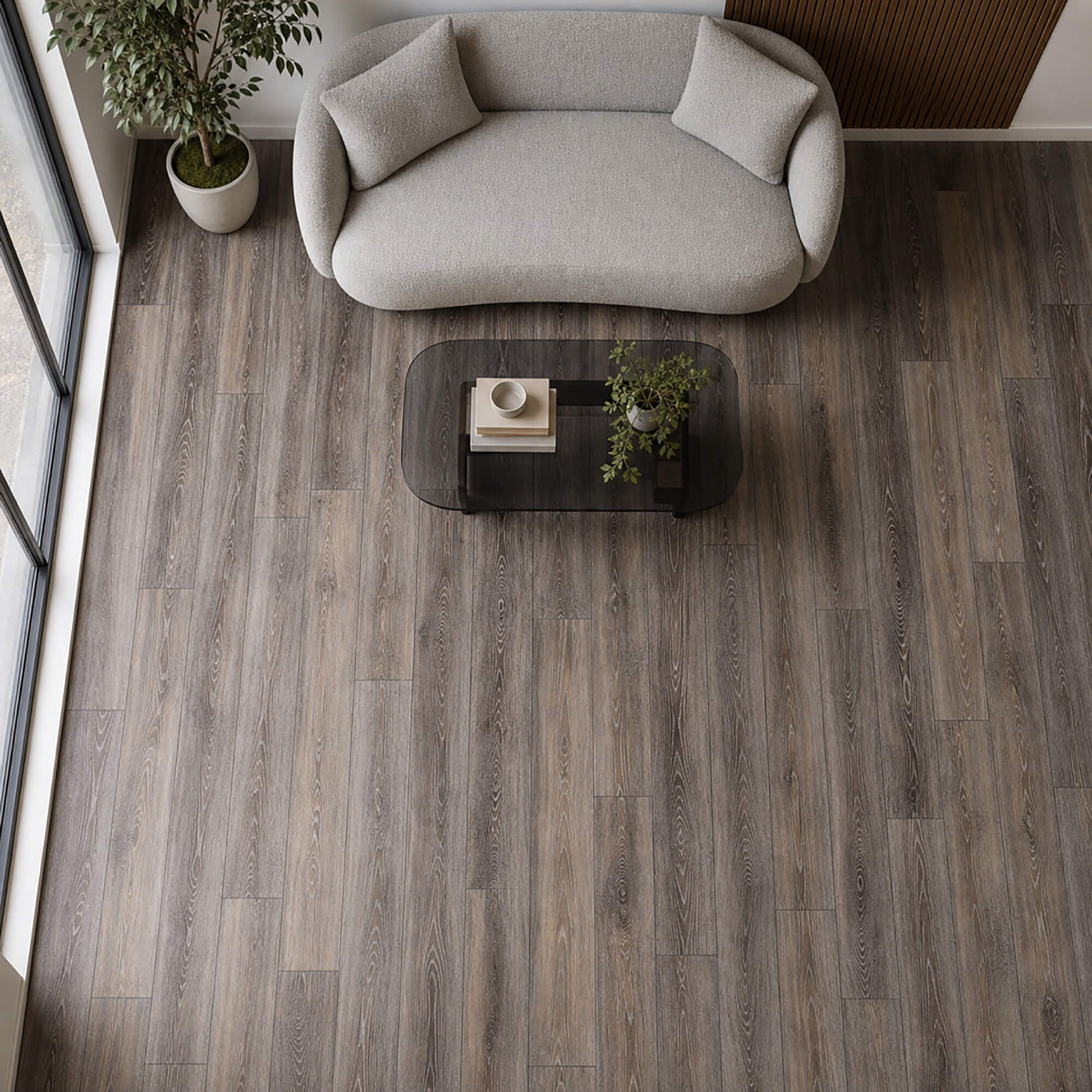 Elevated view of Close-up of Weathered Oak Rigid LVT flooring in a living room setting.
